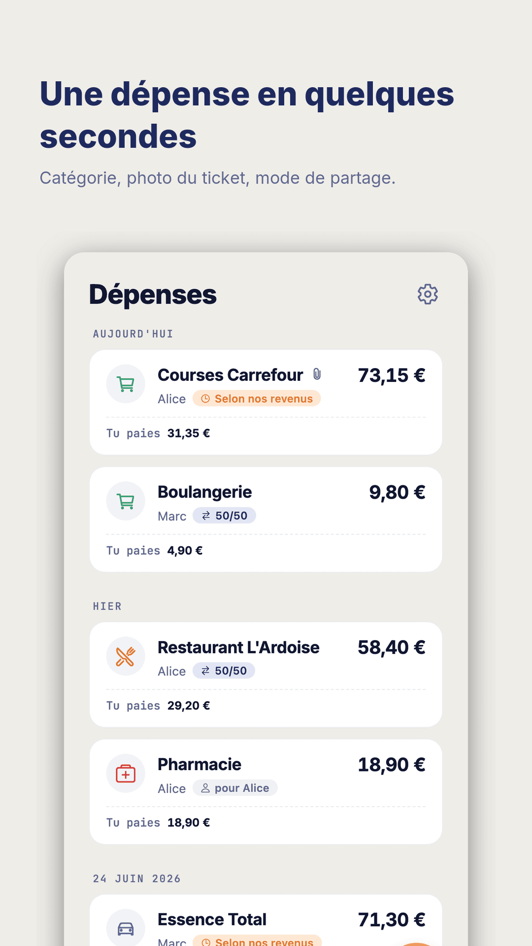 Liste des dépenses groupées par jour, avec catégorie, payeur, mode de partage et la part que vous payez.